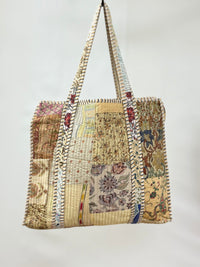 Tan Silk Patchwork Quilted Tote