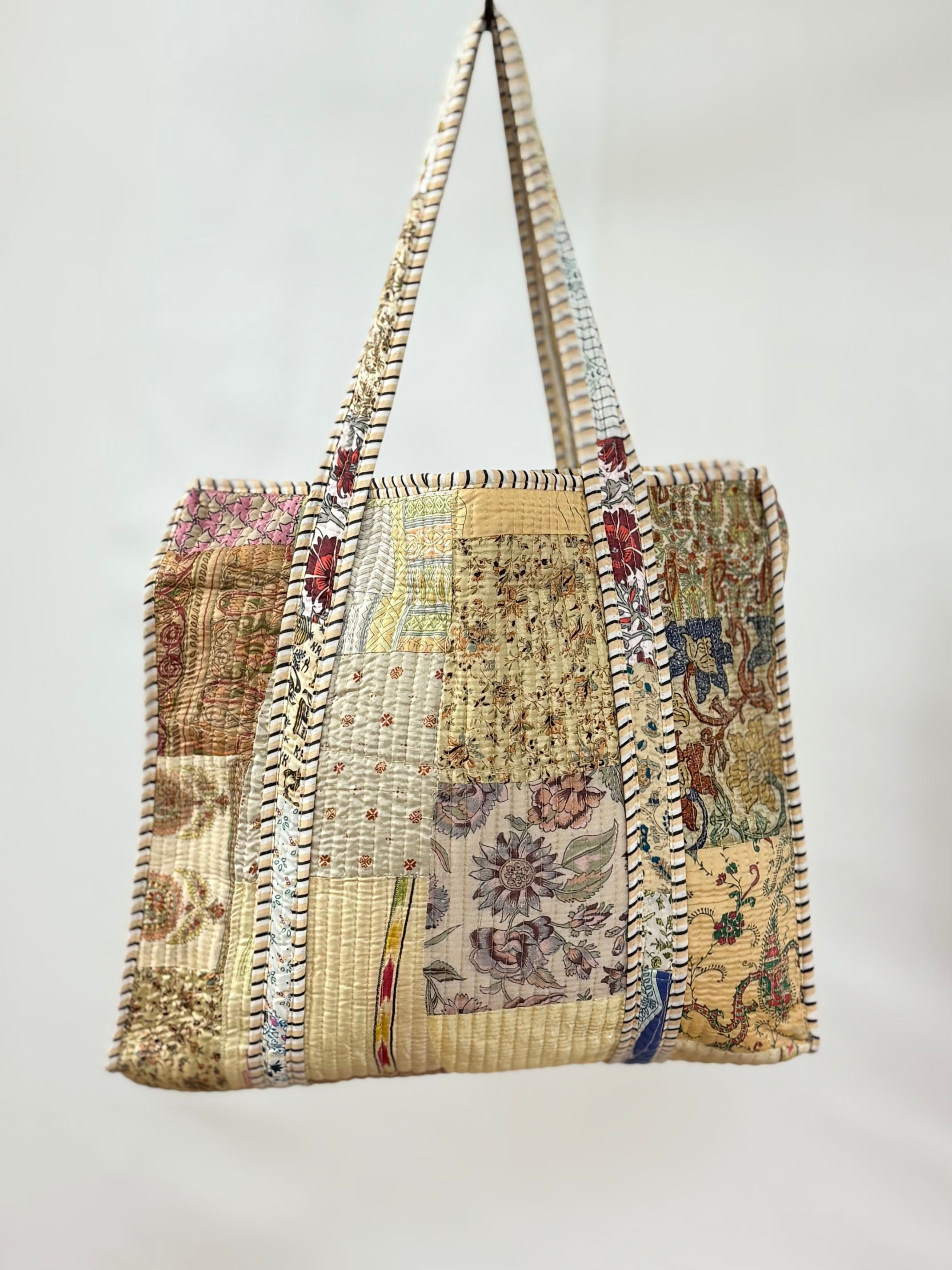 Tan Silk Patchwork Quilted Tote