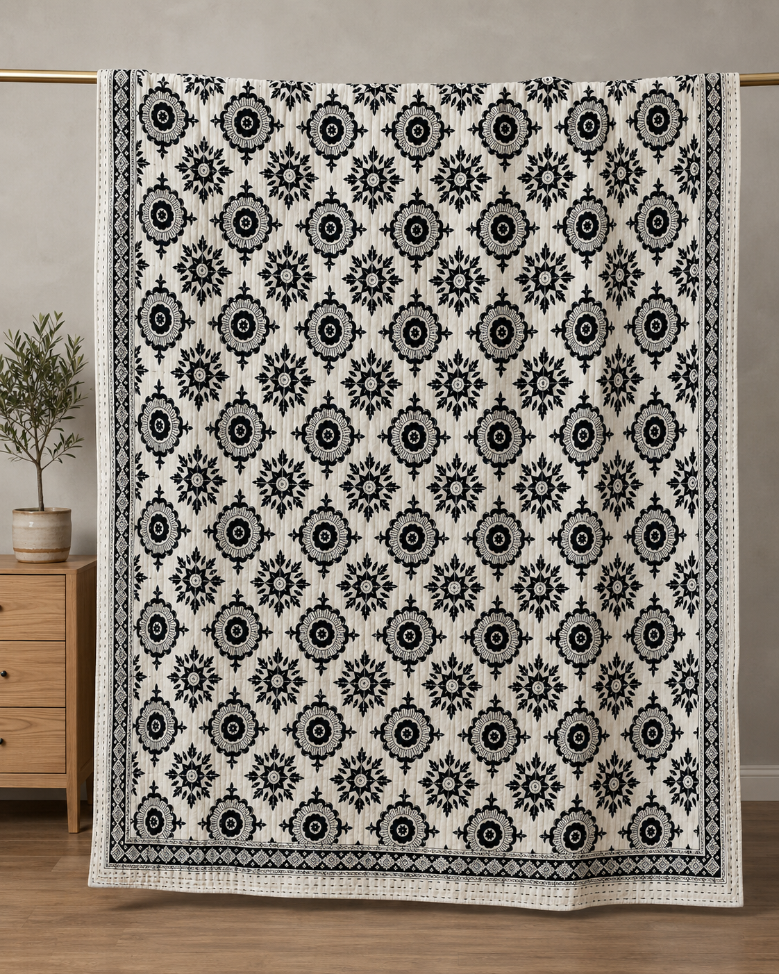 Black Burst Block Print Cotton Kantha Quilt