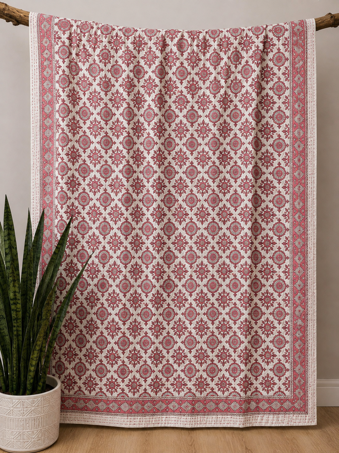 Pink Burst Block Print Cotton Kantha Quilt