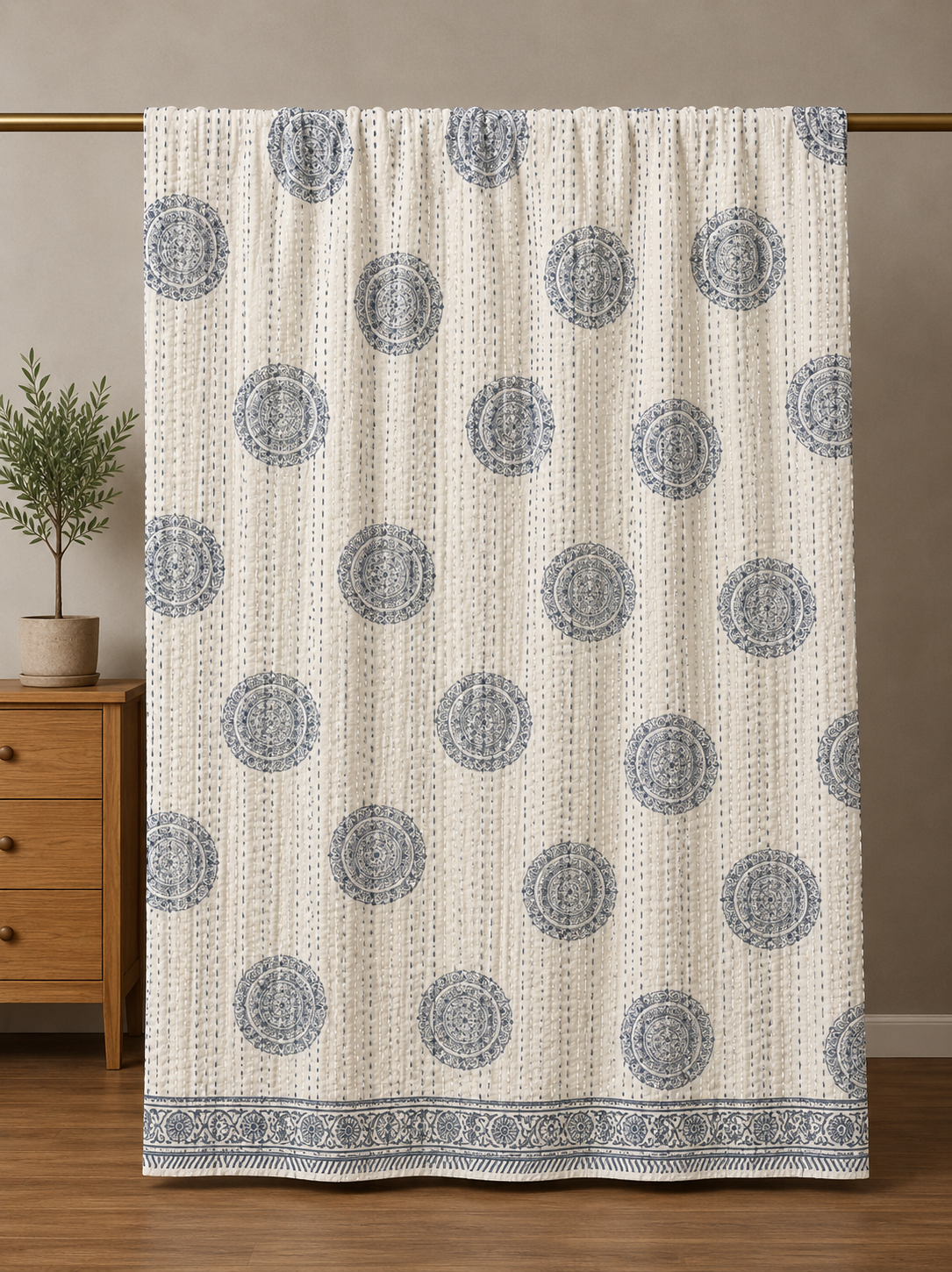 Navy Mandala Block Print Cotton Kantha Quilt