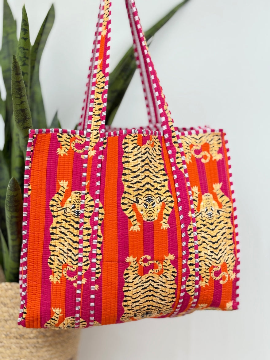 Orange Stripe Tiger Quilted Tote