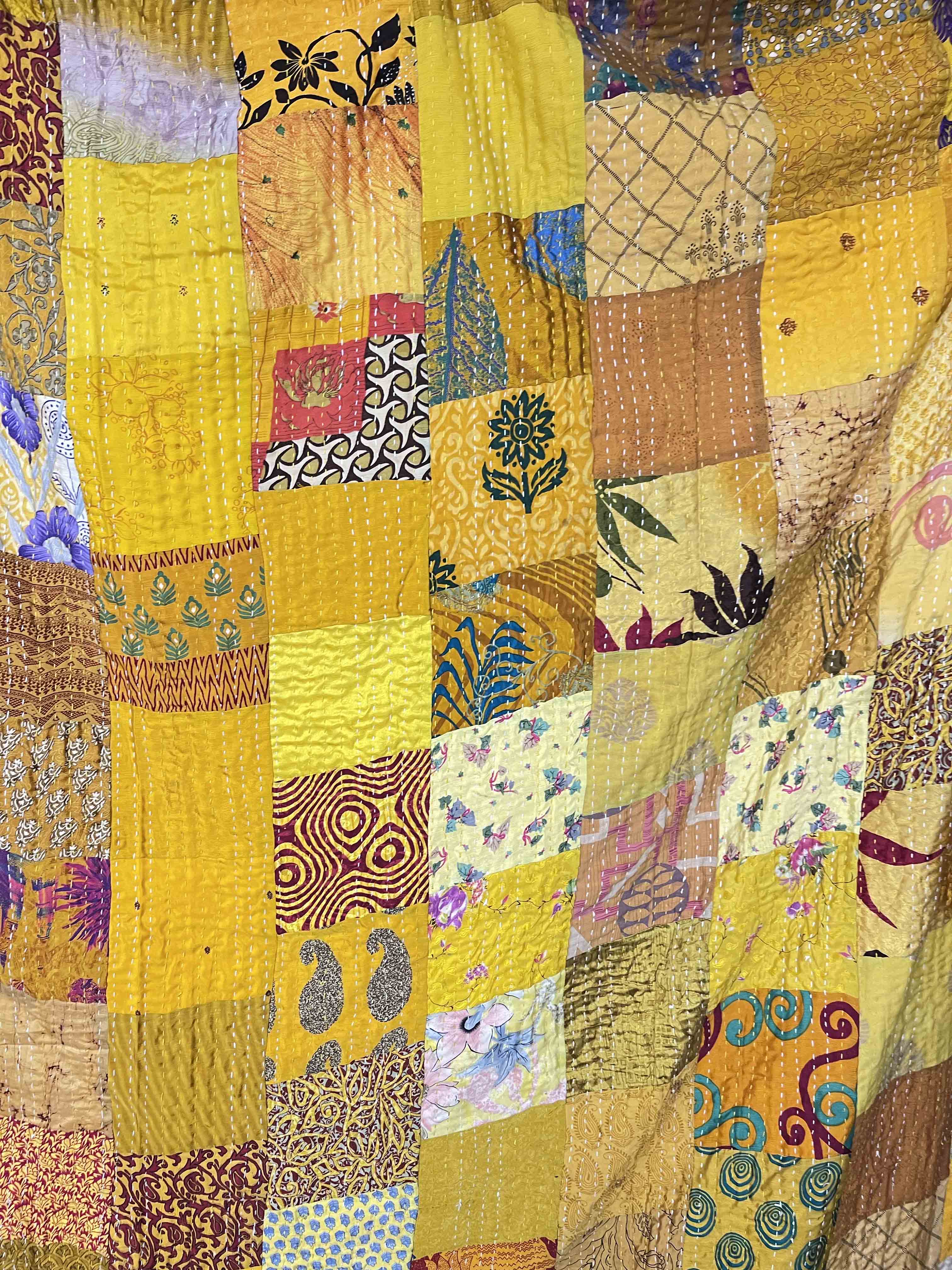 Yellow Silk Kantha Quilt - Queen