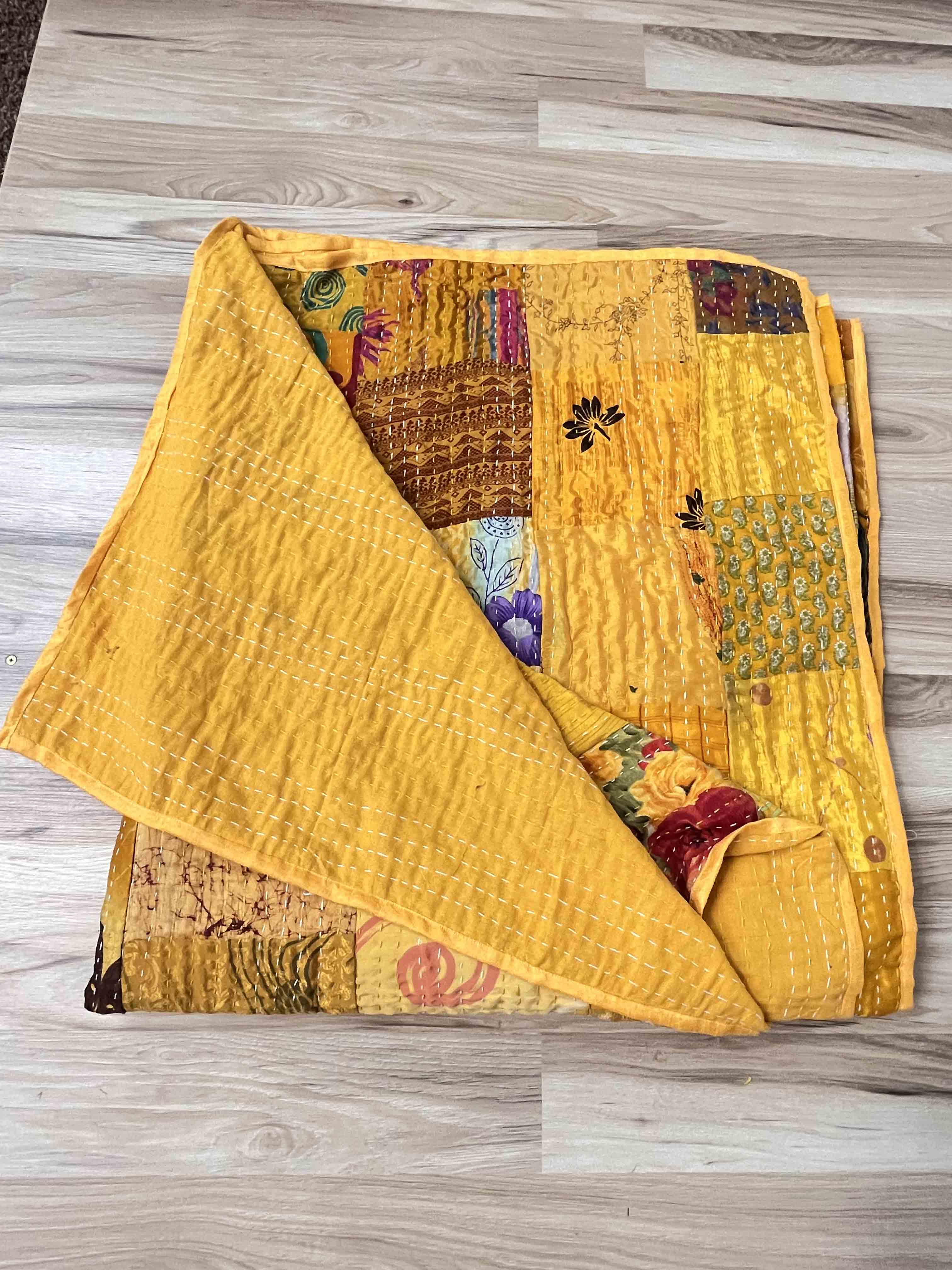 Yellow Silk Kantha Quilt - Queen