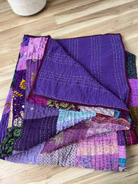 Purple Silk Kantha Quilt - Queen