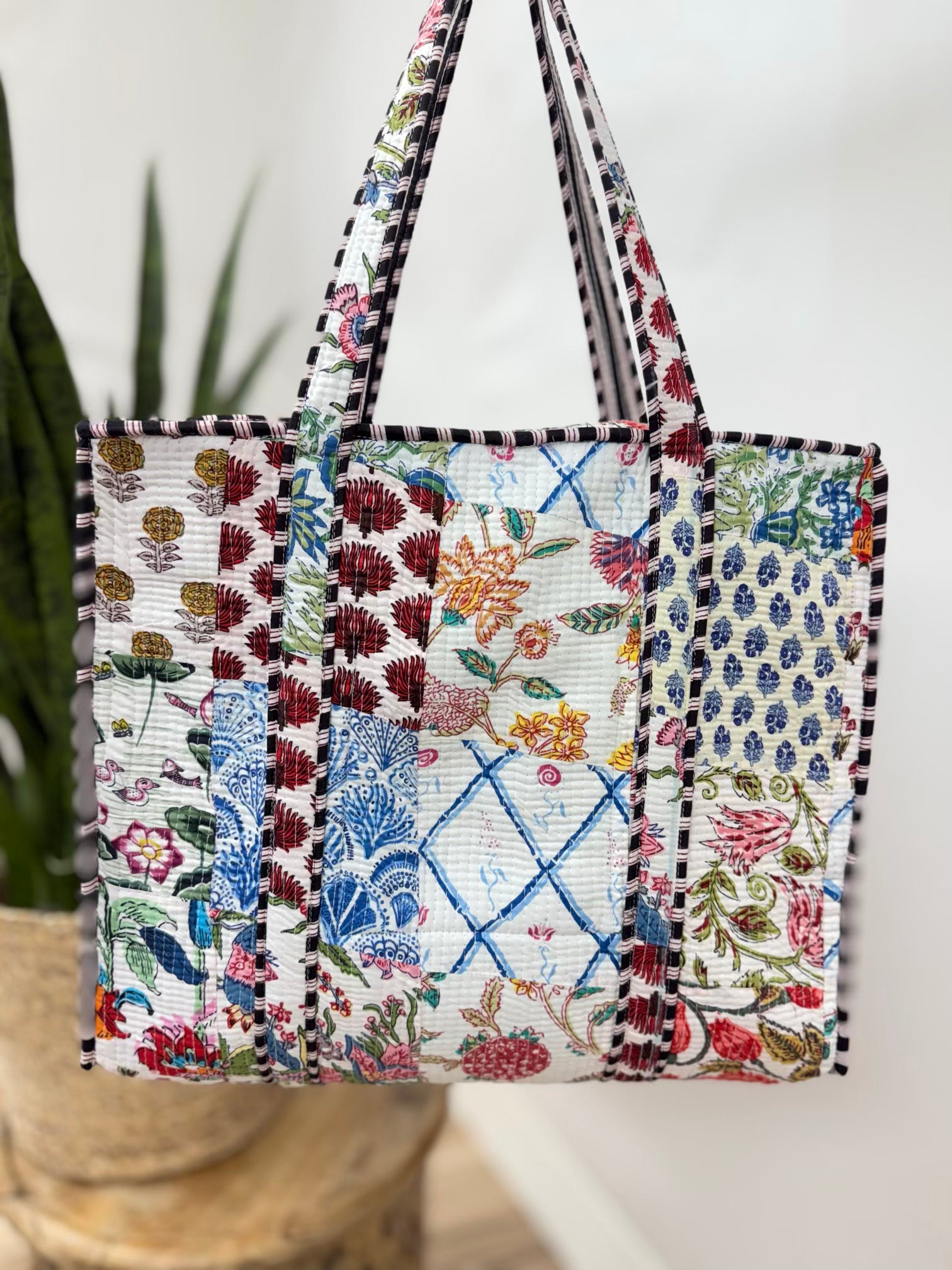 White Patchwork w/Black Trim Quilted Tote