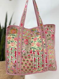 Tan Patchwork w/Pink Trim Quilted Tote