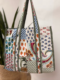 White Patchwork w/Green Trim Quilted Tote