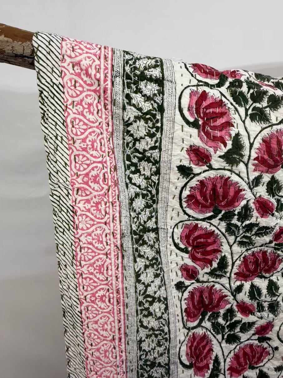 Lotus Dreams Block Print Cotton Kantha Quilt