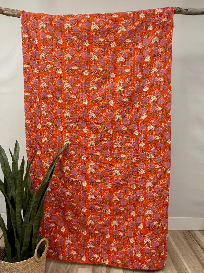 Tangerine Twist Block Print Cotton Kantha Quilt