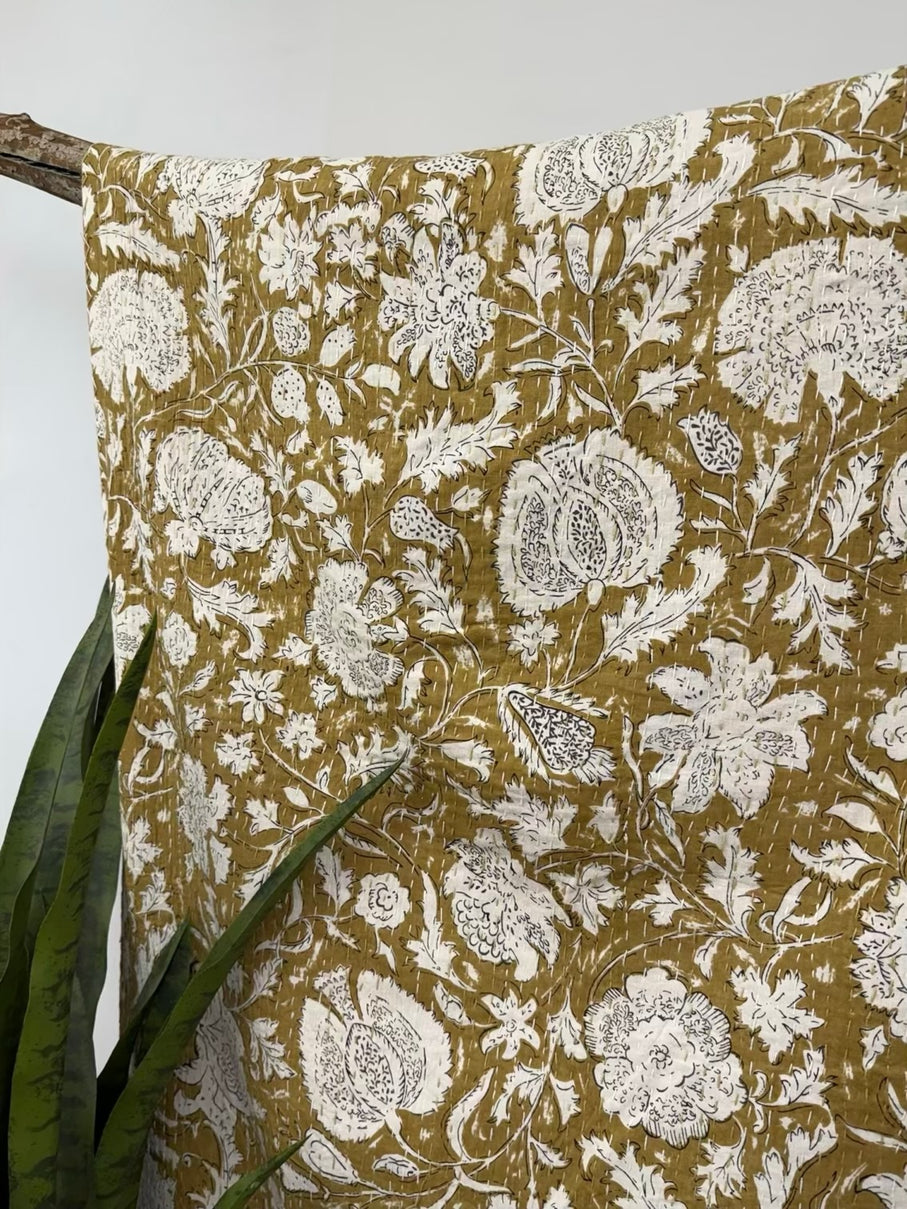 Yellow Heritage Blooms Block Print Cotton Kantha Quilt