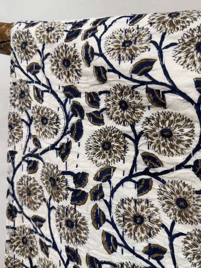 Moonlit Vines Block Print Cotton Kantha Quilt