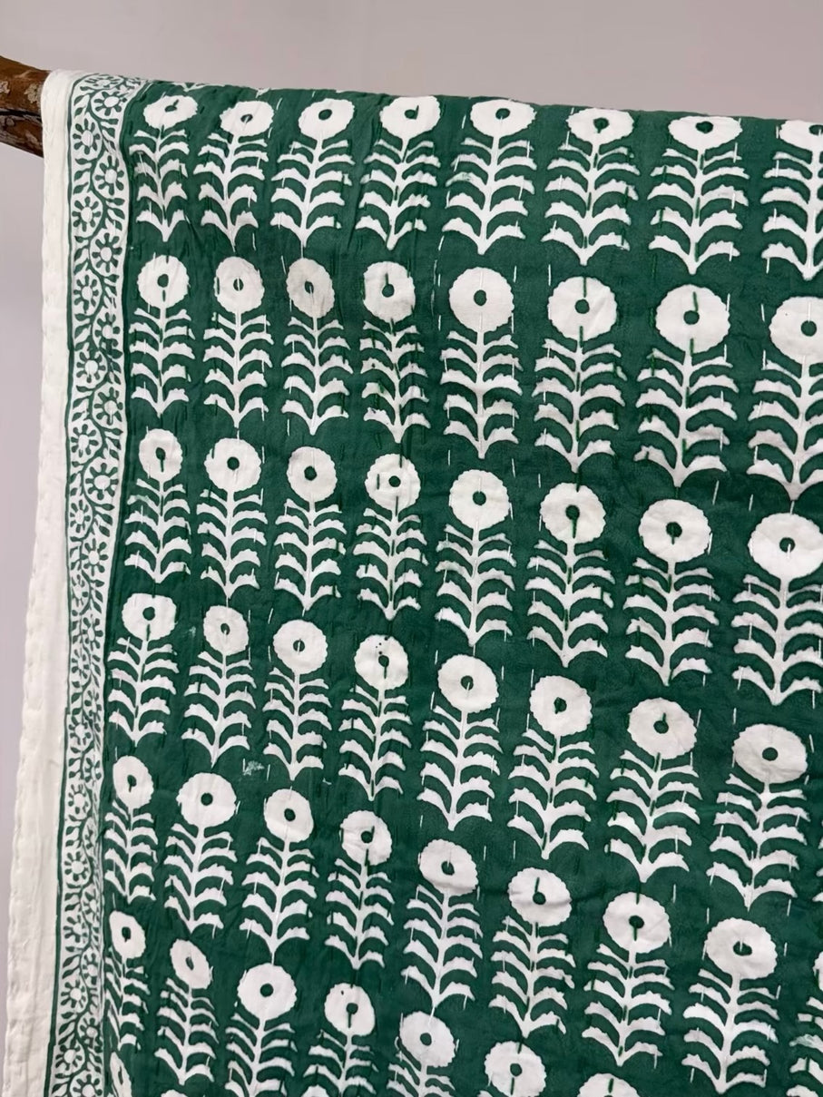 Jade Blossom Block Print Cotton Kantha Quilt