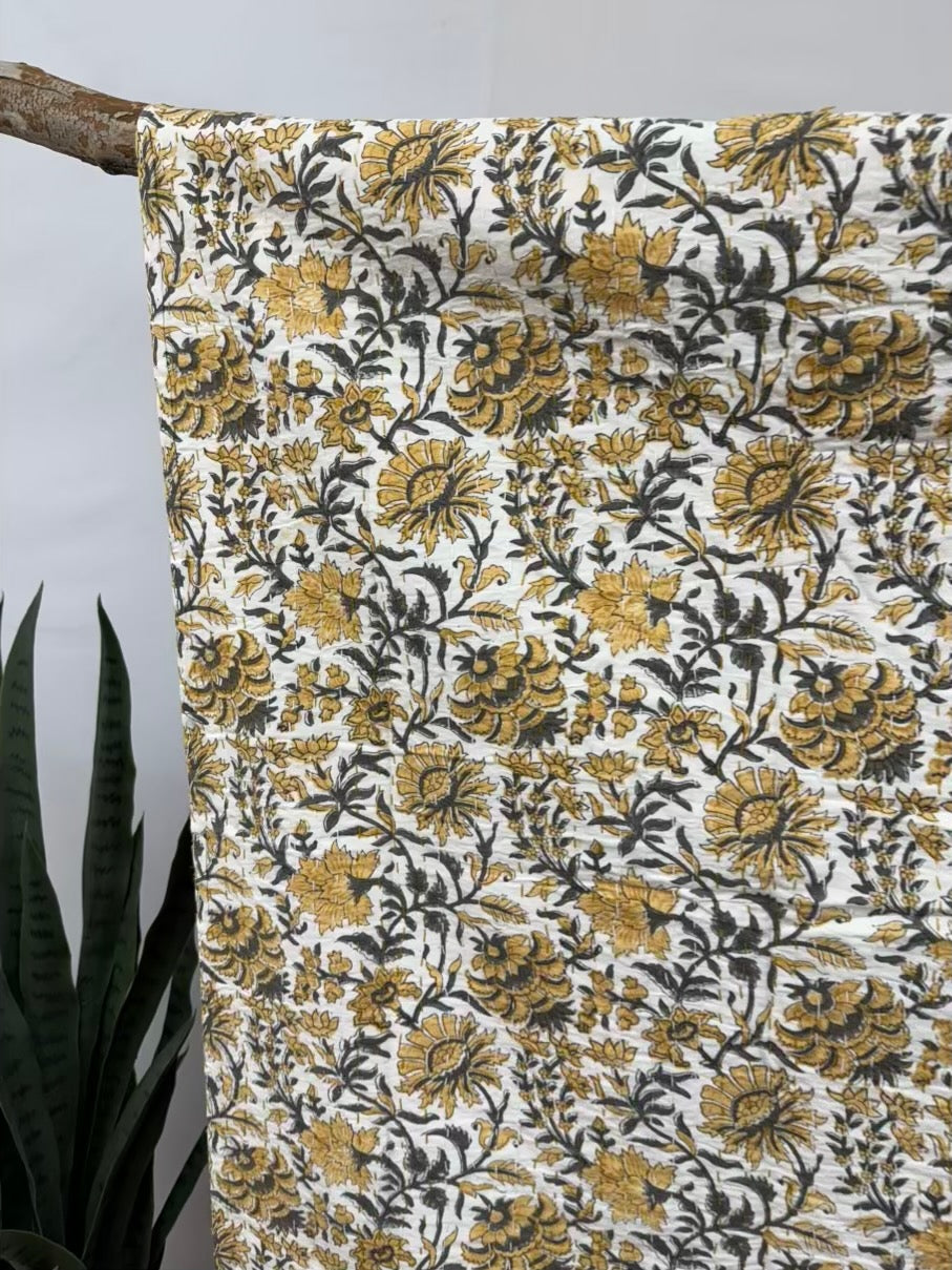 Harvest Vines Block Print Cotton Kantha Quilt