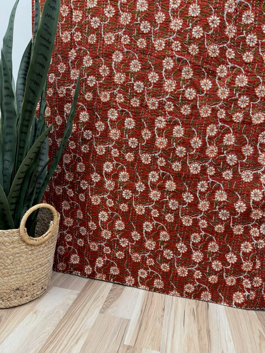 Crimson Vines Block Print Cotton Kantha Quilt