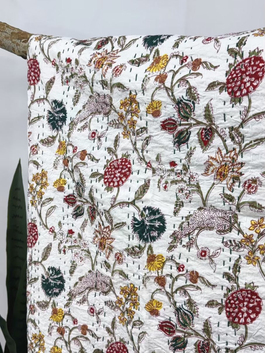 Wildflower Field Block Print Cotton Kantha Quilt