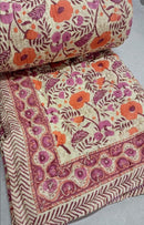 Sunlit Poppy Bloom Block Print Cotton Kantha Quilt