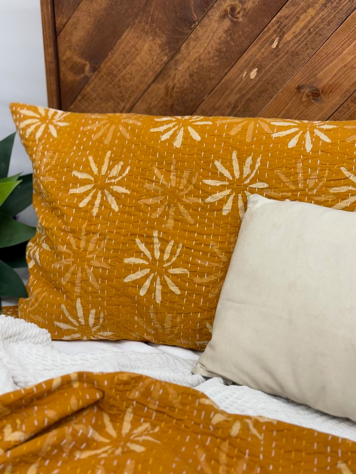 Sunburst Daisies Block Print Cotton Kantha Sham