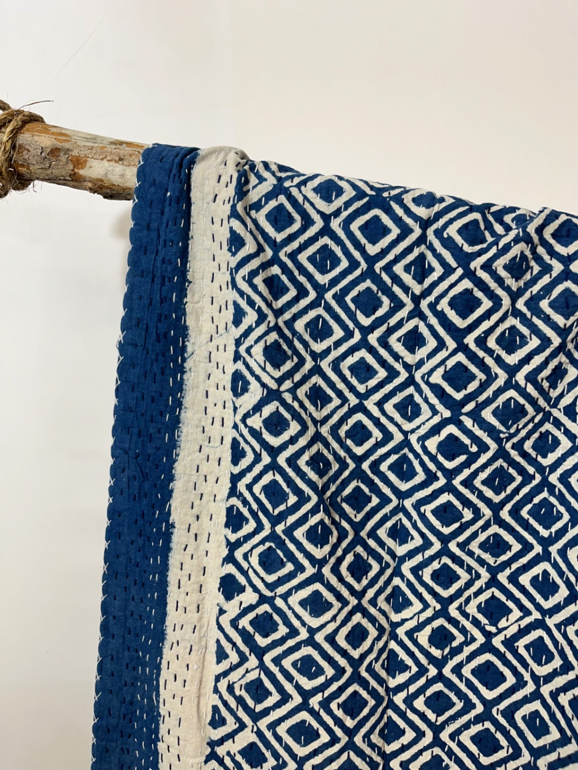 Indigo Diamonds Block Print Cotton Kantha Quilt