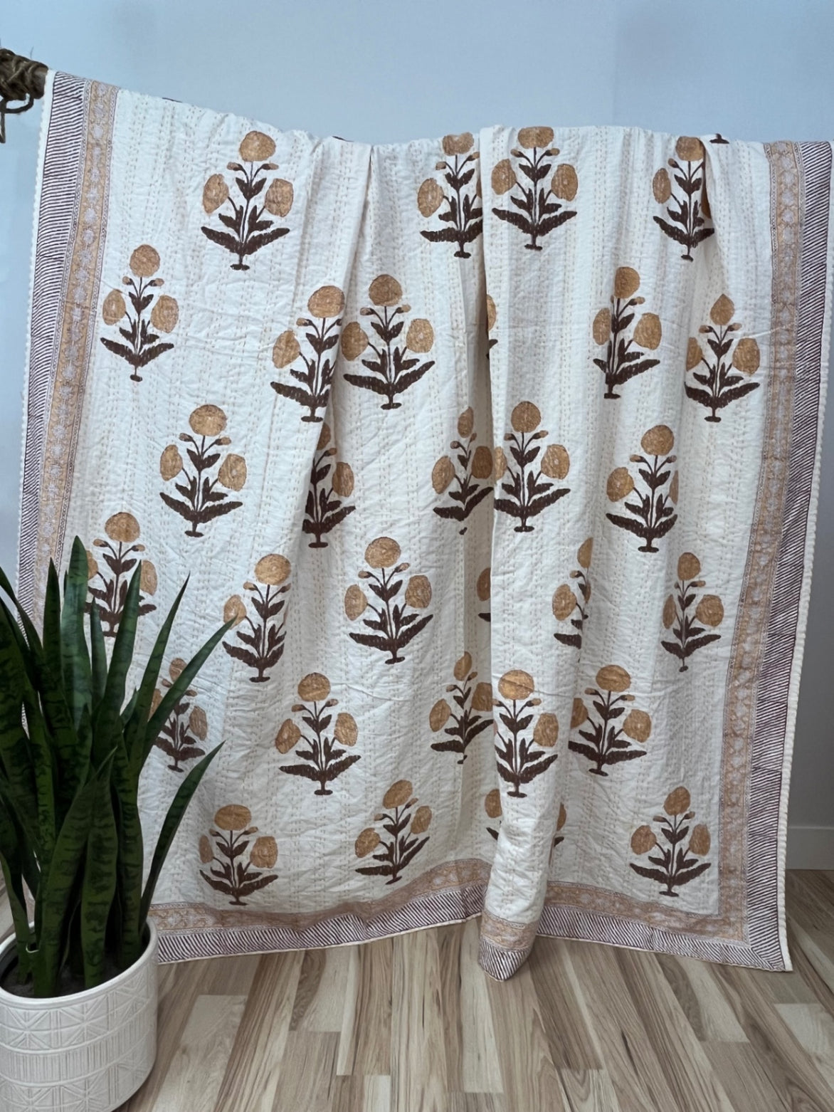 Saffron Fields Block Print Cotton Kantha Quilt