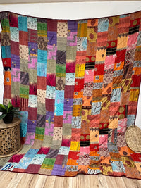 Multi Colored Silk Kantha Quilt- Queen