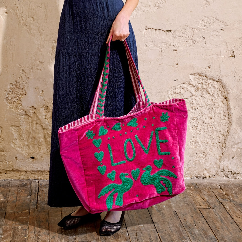 Pink Embroidered Velvet Tote