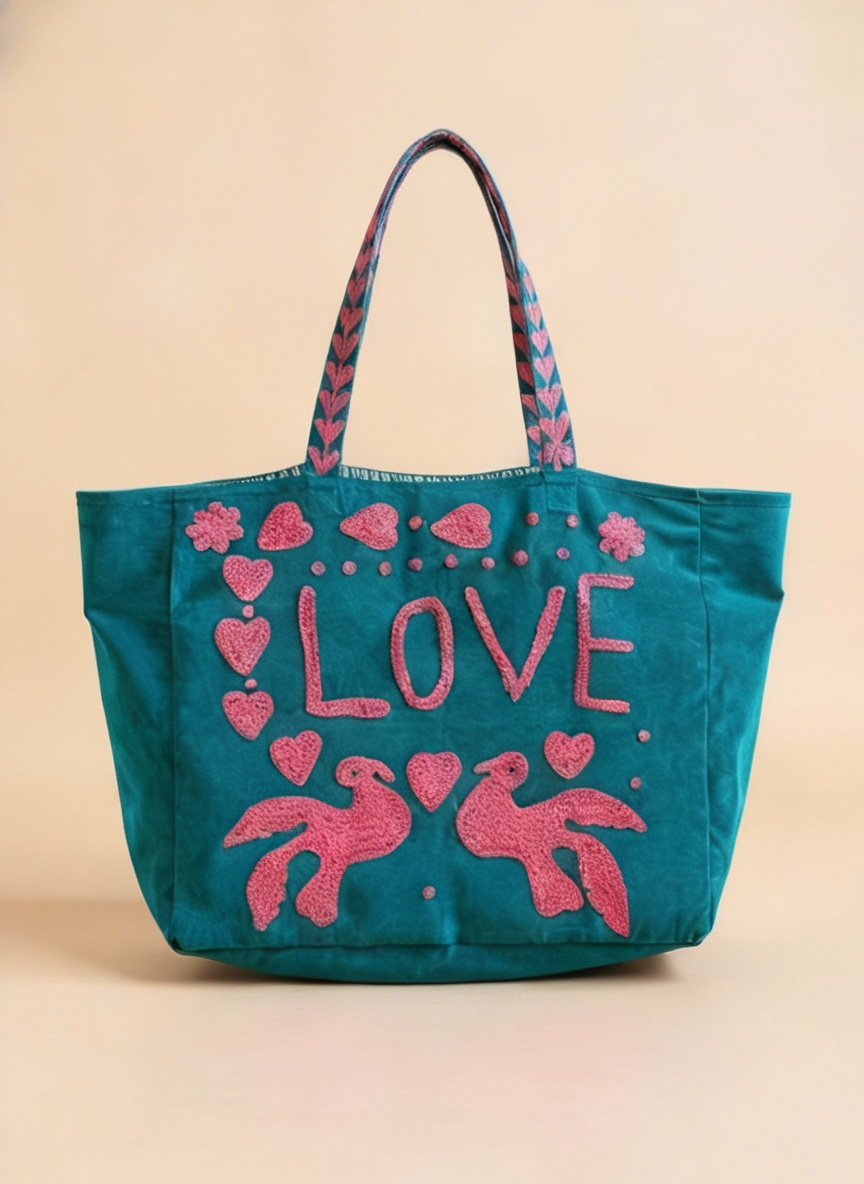 Teal Embroidered Velvet Tote