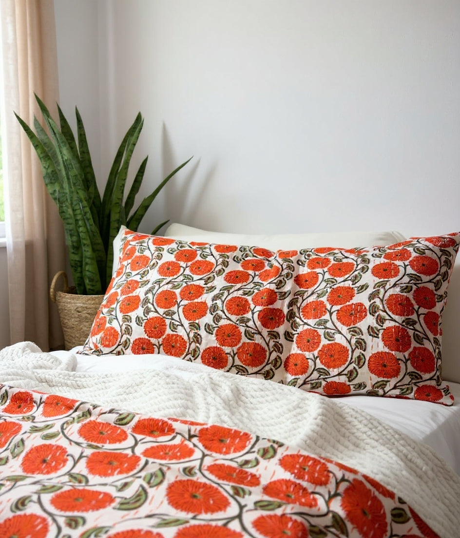 Pick Me Poppies Block Print Cotton Kantha Quilt