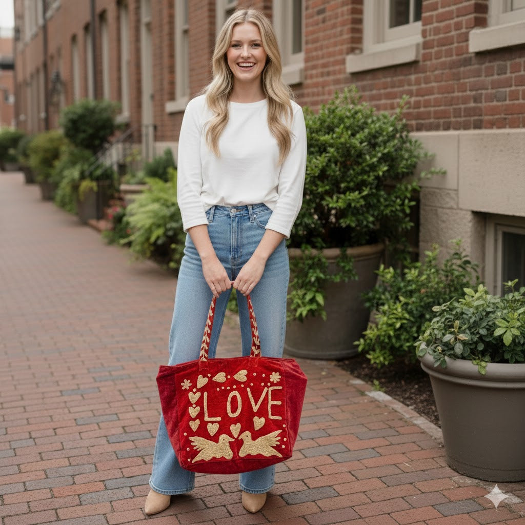 Red Embroidered Velvet Tote