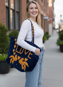 Navy Embroidered Velvet Tote