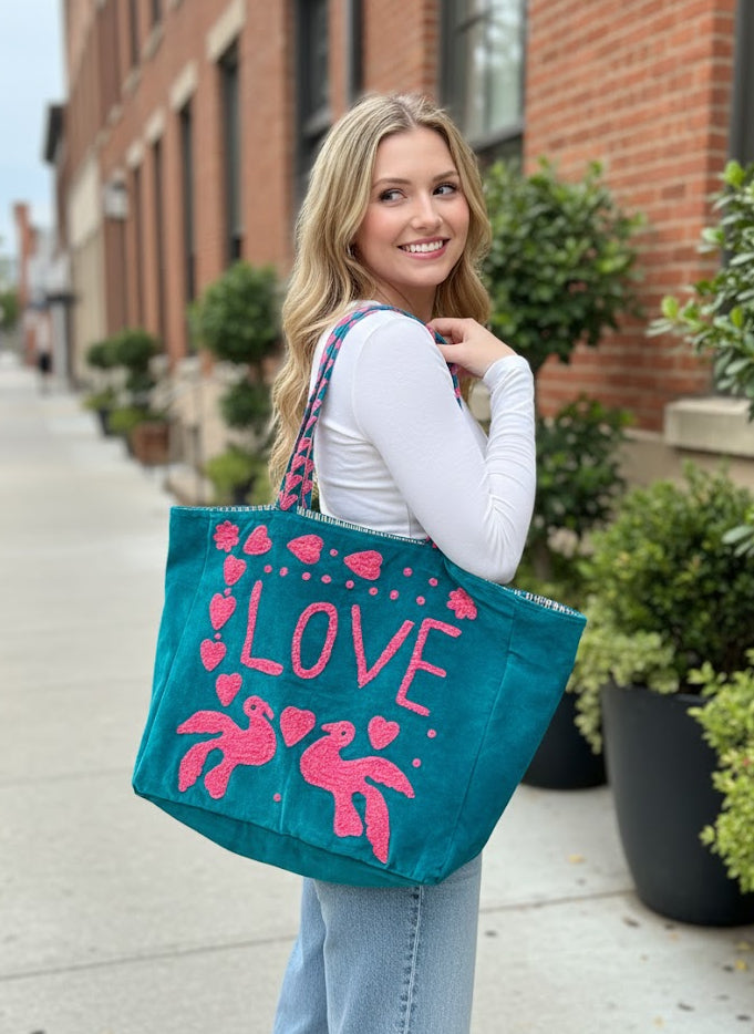 Teal Embroidered Velvet Tote