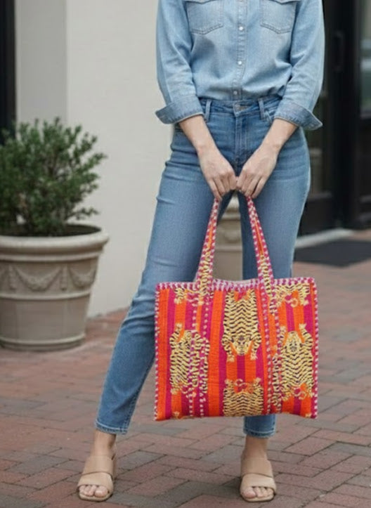 Orange Stripe Tiger Quilted Tote