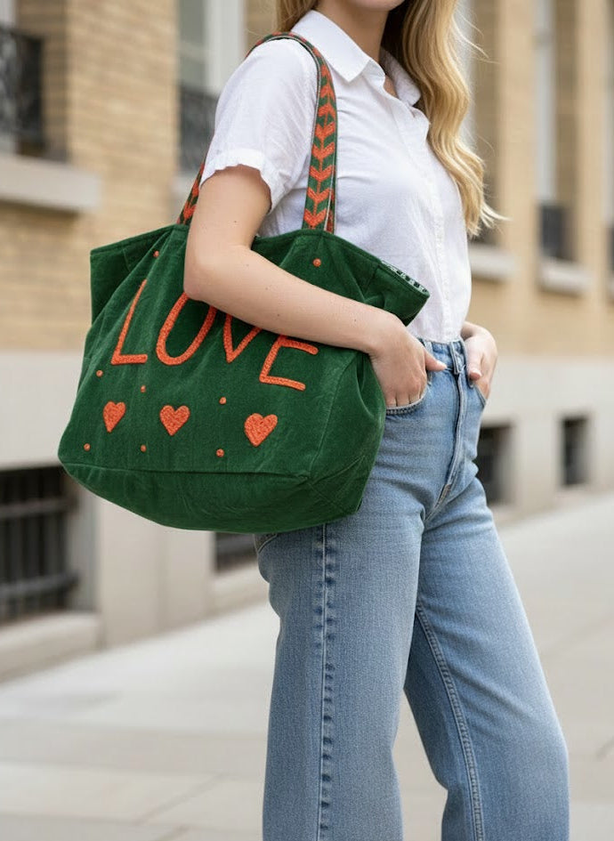 Green Embroidered Velvet Tote