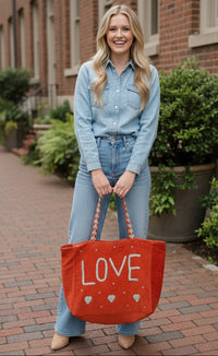Orange Embroidered Velvet Tote