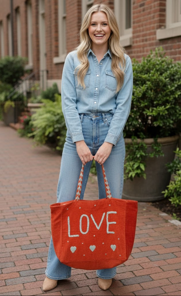 Orange Embroidered Velvet Tote